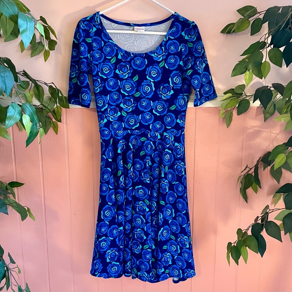 LuLaRoe Nicole Dress Blue Disney Roses